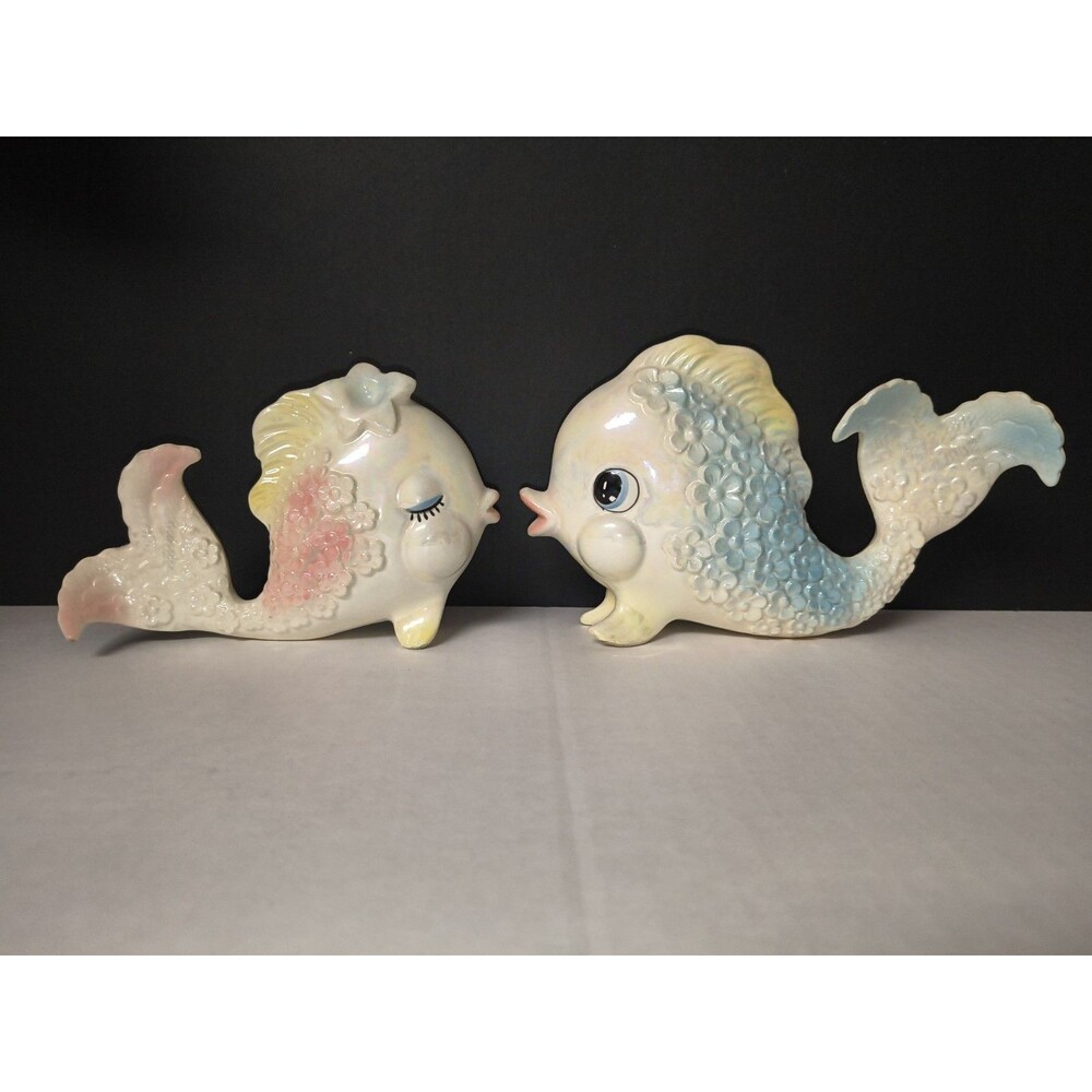 Vintage Norcrest Kissing Fish Ceramic Wall Plaques Pink Blue MCM Retro Decor